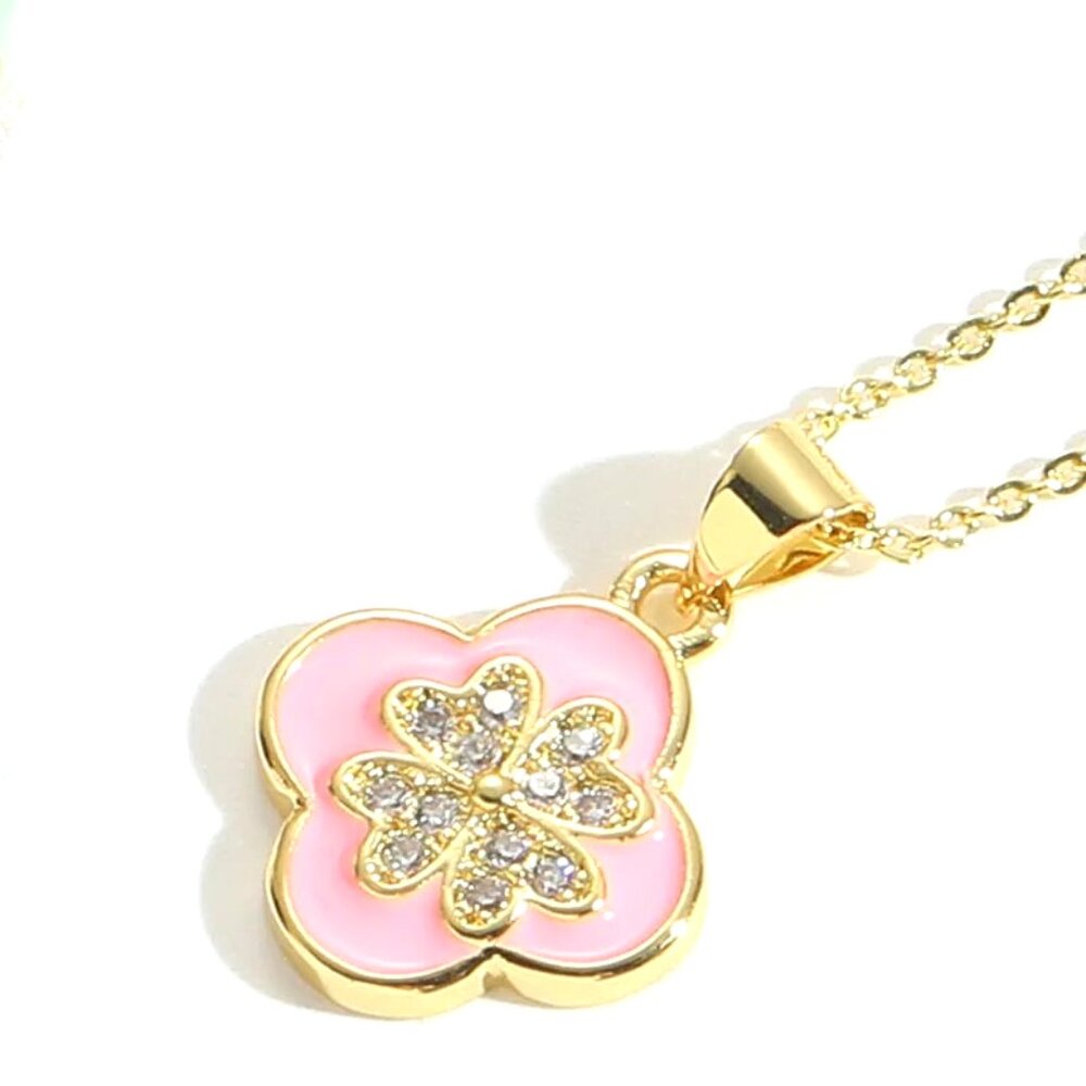 18K GOLD PLATED PINK ENAMEL WITH 4 CZ HEART CLOVER INLAY SINGLE PENDANT NECKLACE